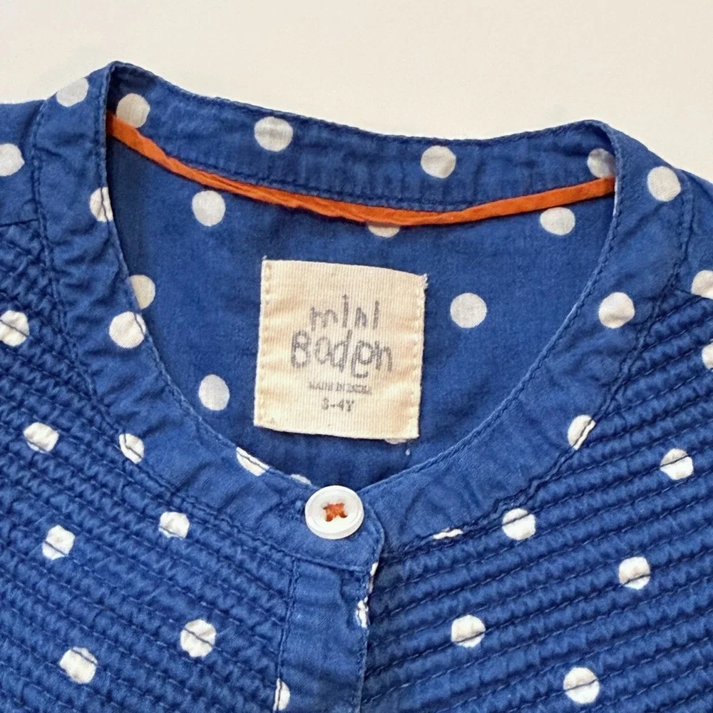Mini Boden Girls Blue Polka Dot Pintuck Tunic Top 3-4 Preppy School Colorful